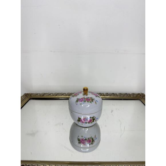 Porcelain Vanity Trinket / Jewelry Jar with Lid and Pink Rose, Yellow Flower - Picture 9 of 10